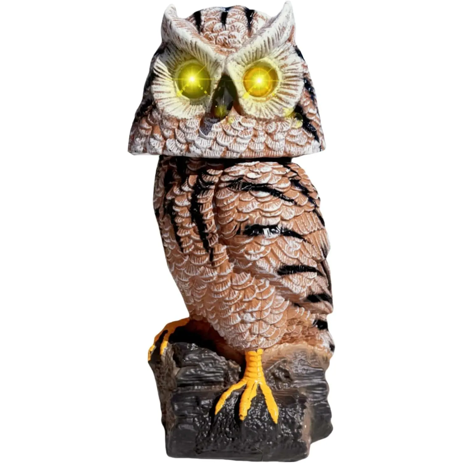 Owlsome Solar Tiger Owl with Flashing Eyes, Rotating Head, Hoot Sound, Motion Detector and Silent Mode, Plastic Owl Garden Sculpture, Garden Decoration