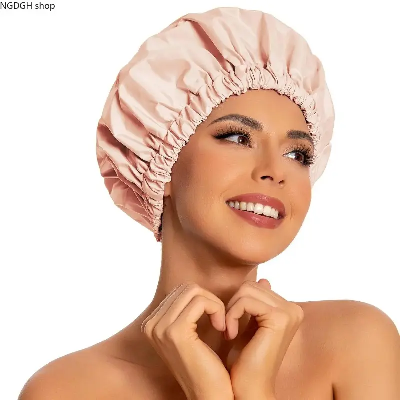 Women Nylon Satin‑Lined Waterproof Shower Cap, Reusable Washable Soft Elastic Bath Hair Cap, Practical Bathroom Accessory for Adults