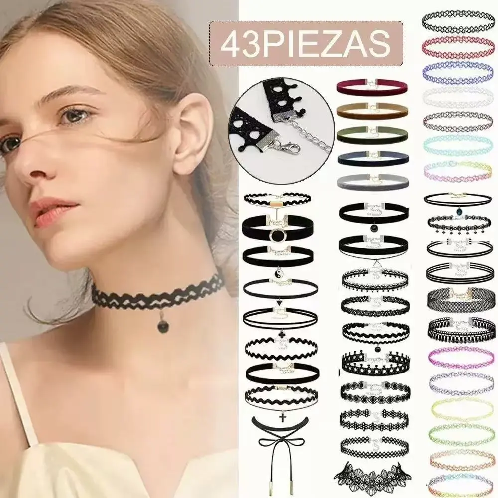 Women's 43pcs Gothic Acrylic Black Velvet Choker Set - Adjustable Tattoo Lace Chokers for Party, Cosplay