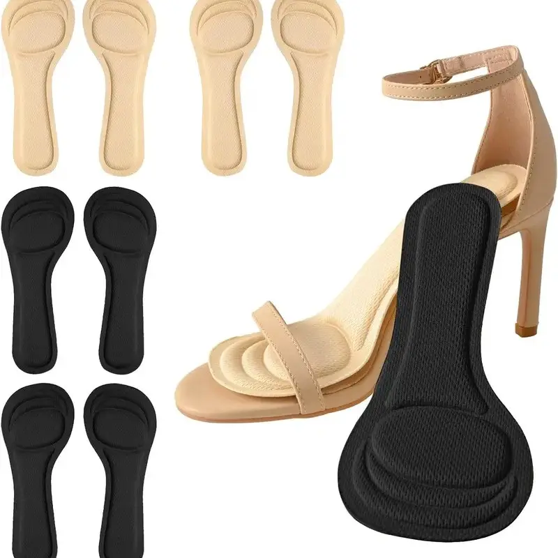 4 Pairs High Heel Inserts Women, 3/4 Length Women Thin Shoe Insoles for High Heels, Pumps, Open Toes, Flats, and Sandals, Cushion for Heel and Ball of The Foot, Shock Absorption (Black+Beige), Foam, Footwear Foot Cushioning Foot Pain Relief, Mesh