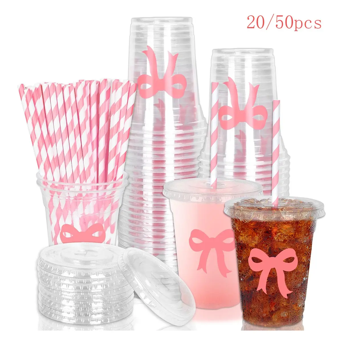 Bow Plastic Cups with Lids & Straws (20/50 Pack), Cute Party Drinkware for Bridal Shower, Baby Shower, Birthday, Girl Themes