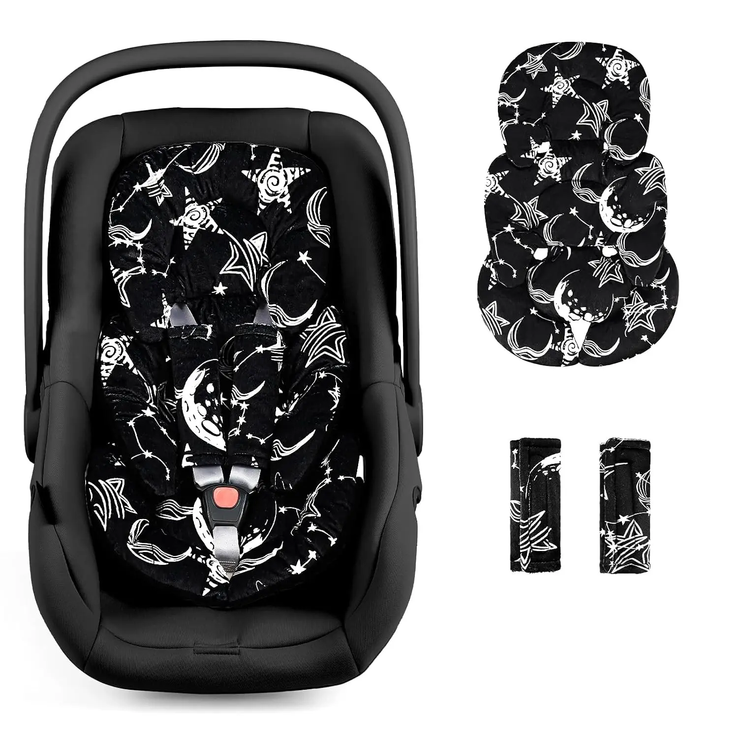 Infant Car Seat Insert Head and Body Support, Reversible Newborn Insert for Carseat with Strap Pads, Soft Stroller Cushion Pillow Insert for Boys and Girls, Fits for Stroller, Swing, Black Star