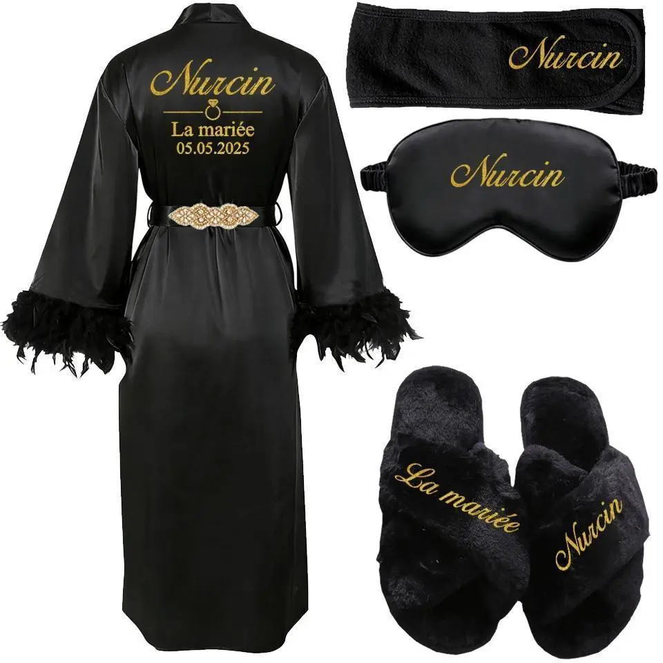 Women's Personalized Satin Feather Robe with Champagne Robe Belt - Custom Glitter Printed Loungewear for Bridal Party Getting Ready