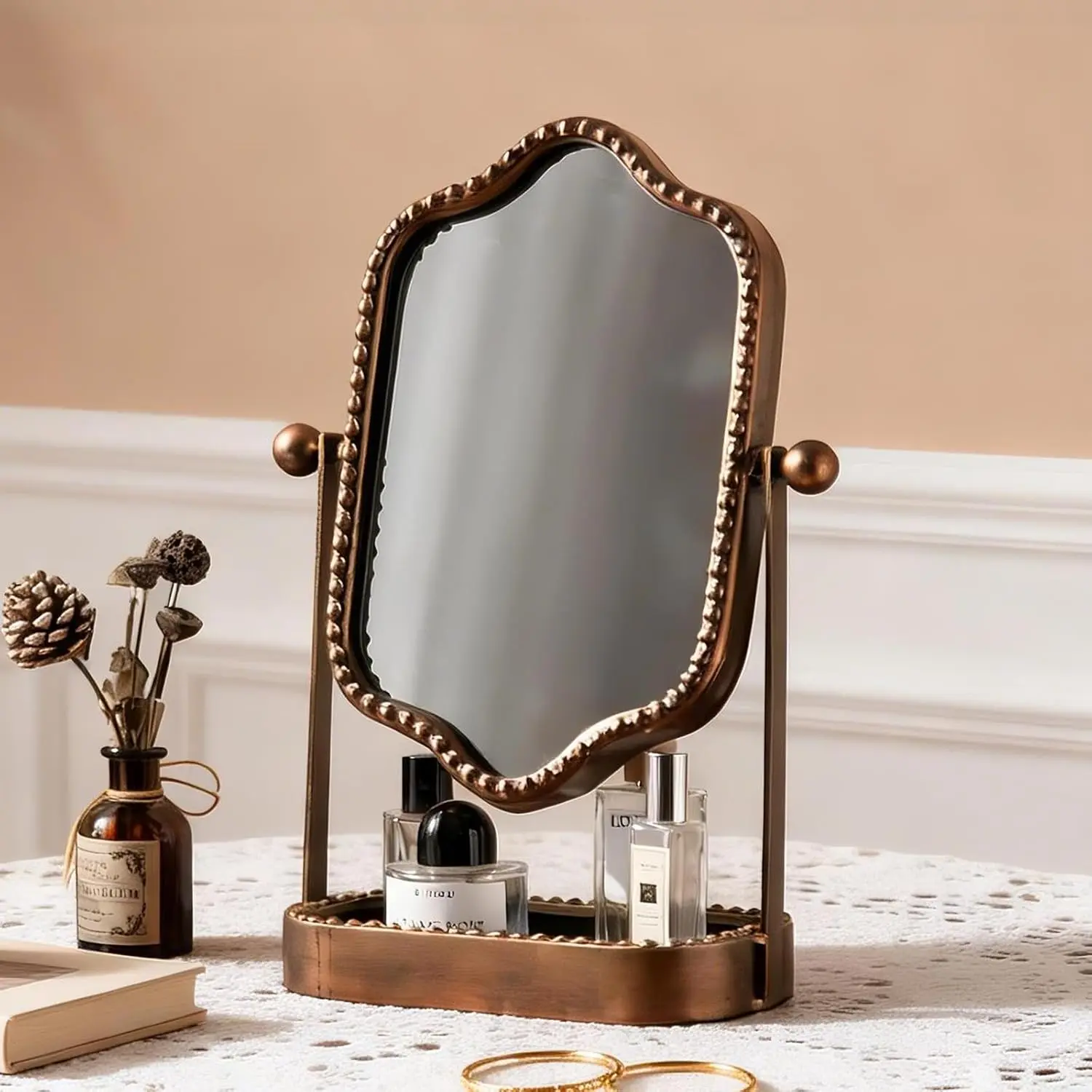 Makeup Mirror with Tray, 360° Rotatable Antique Table  Mirror with Stand, Metal Retro Desktop Dressing Mirror for  Decor, Countertop, Bedroom, Bathroom, Living Room
