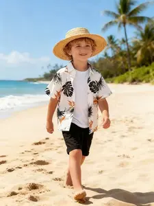 Chic Boy Beach Vacation Floral Shirt Set, Casual Two-Piece, Spring Summer Leisure Style, Fitted Suit for Kids