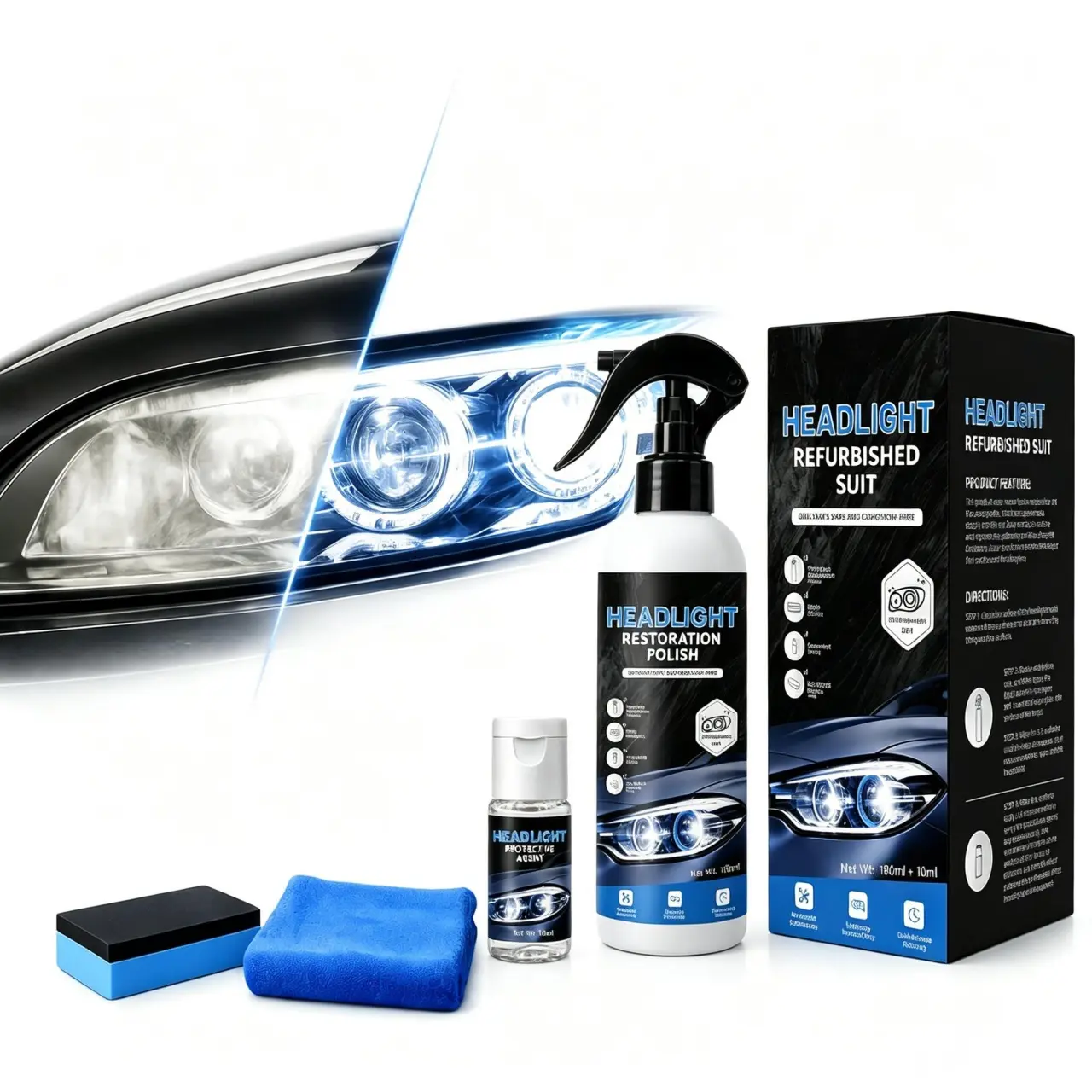Automotive Headlamp Restoration Fluid, Oxidized and Yellowed Automotive Headlamps, Blurring Enhanced Crystalline Coating Refurbisher, No-Sand Car Headlight Cleaner Kit with Protective Agent, Father's Day Christmas Gift For Men