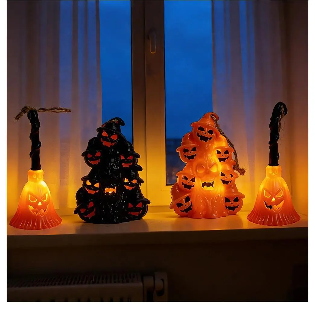 Halloween 3PCS  Light Up Halloween Witch Broom Decoration, Glowing Pumpkin Face Broom with Orange Light, Spooky Halloween Decor for Indoor Tabletop, Home, Party & Haunted House Displays