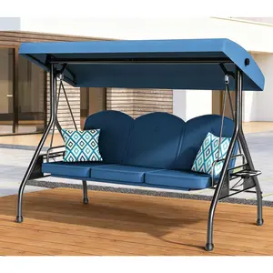[Summervibes]3 Seat Outdoor Porch Patio Swing 800lbs 2-in-1 Patio Swing Chair Bed with Adjustable Canopy & Cup Holder Removable Cushion Outdoor Adult Swing with Stand for Yard Porch Garden Deck,outdoorfurnitureset