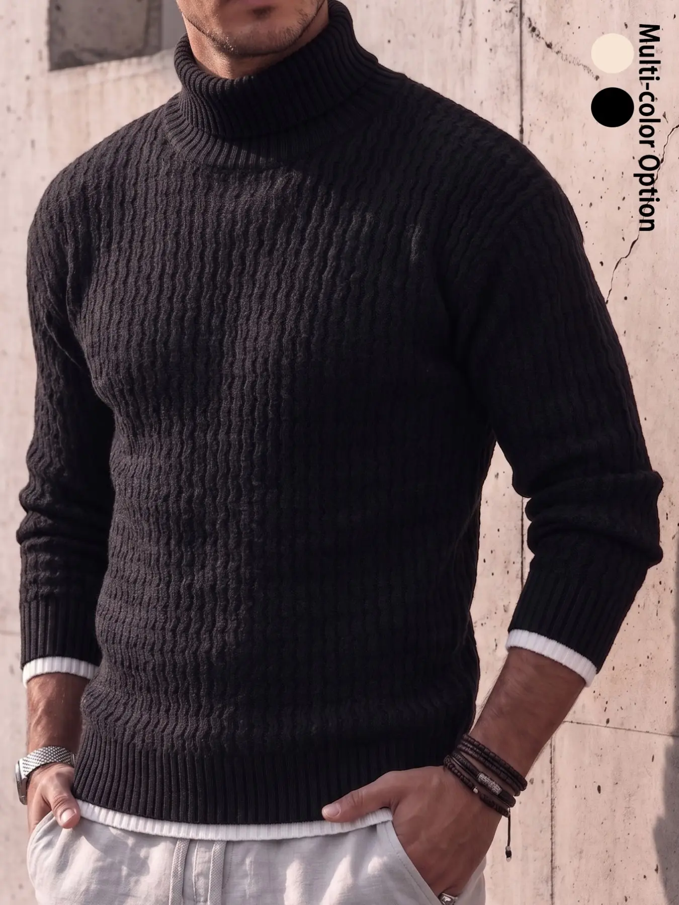 Men's Turtleneck Sweater Wavy Textured Cable Knit Pullover Contrast Ribbed Cuffs Hem Classic Slim Fit Long Sleeve Premium Soft Fabric Fall Winter Thermal Windproof Business Casual Office Daily Date Layering Knit Jumper for Adult Men Beige Black