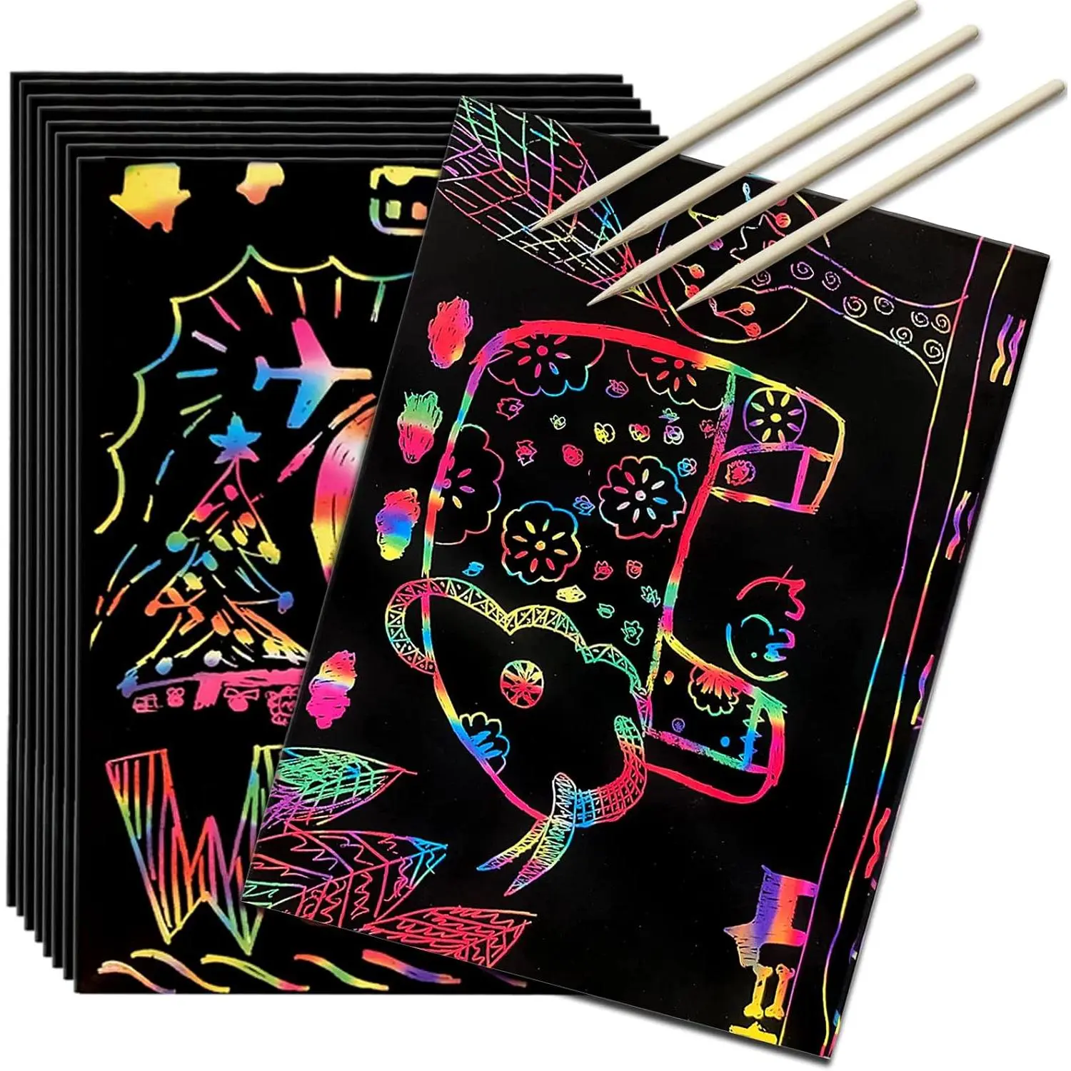 Scratch Art Rainbow Paper 36 Sheets, Colorful Magic Papers Black Scratch it Off Art Crafts Notes Boards with 4 Scratch Pen for  Easter Basket Stuffers Valentine's Day