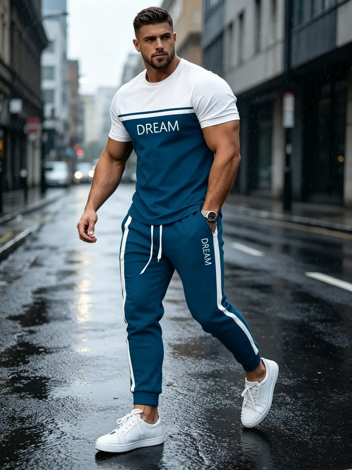 Men's Short Sleeve Long Pants Sports Set, Elegant Casual Round Neck Stretch Knit Digital Print Two-Piece Set, Striped Pattern Tee and Pants