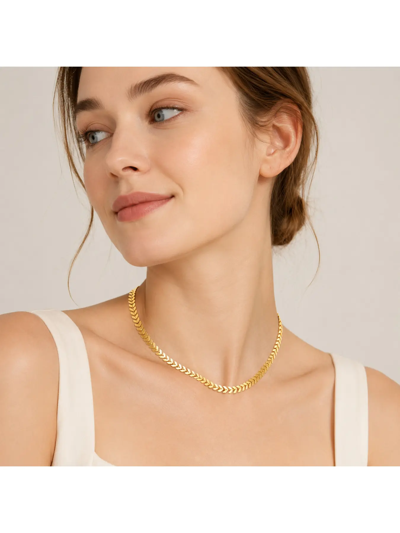 14K Real Gold Plated Copper Herringbone Wheat Chain Choker Necklace for Women, Dainty Fishbone Collar Necklace, Tarnish Resistant Minimalist Old Money Style Jewelry for Daily Wear and Office