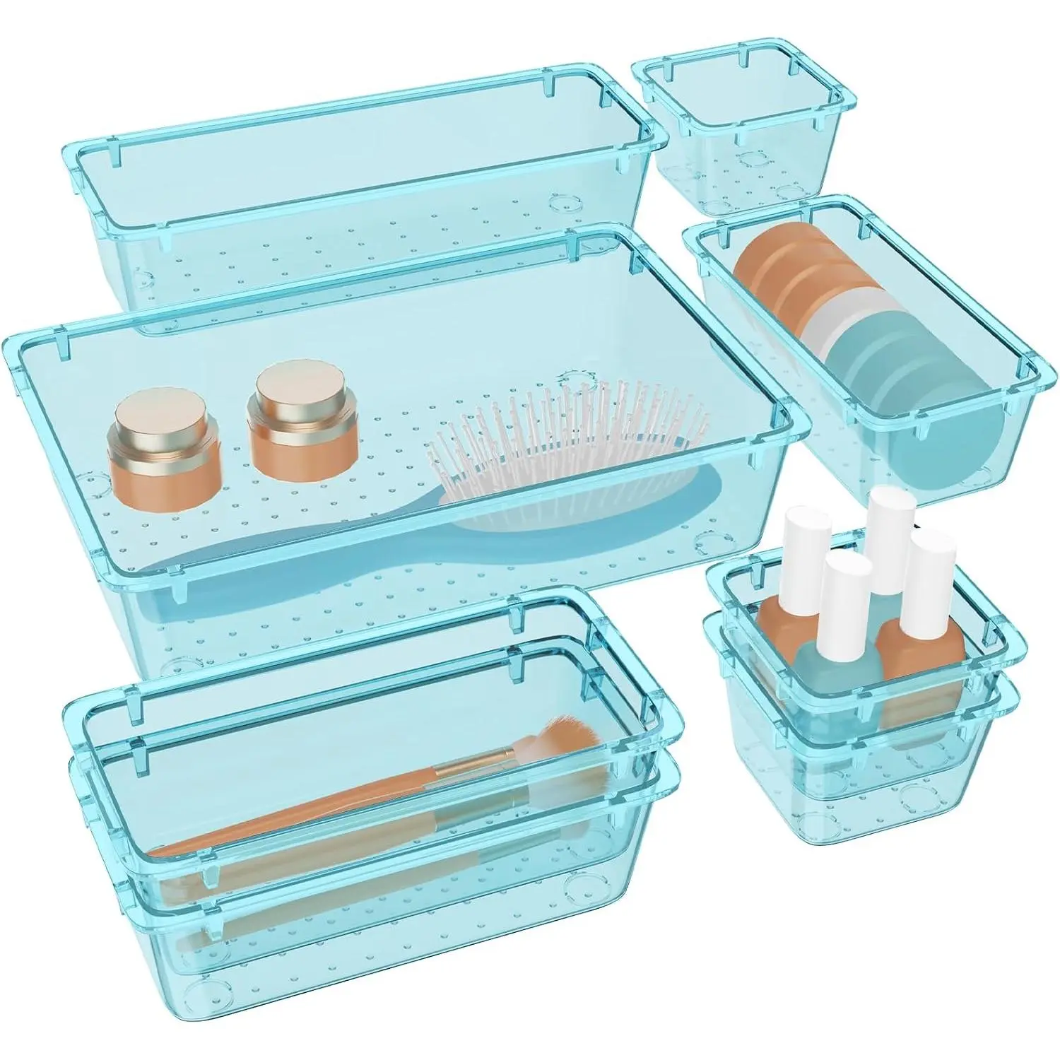 8 count Plastic Drawer Organizer Set, 4 Sizes Desk Drawer Organization and Storage Containers for Makeup, ,  and Gadgets in Kitchen, Bathroom, Bedroom, Office, Clear Sea Blue
