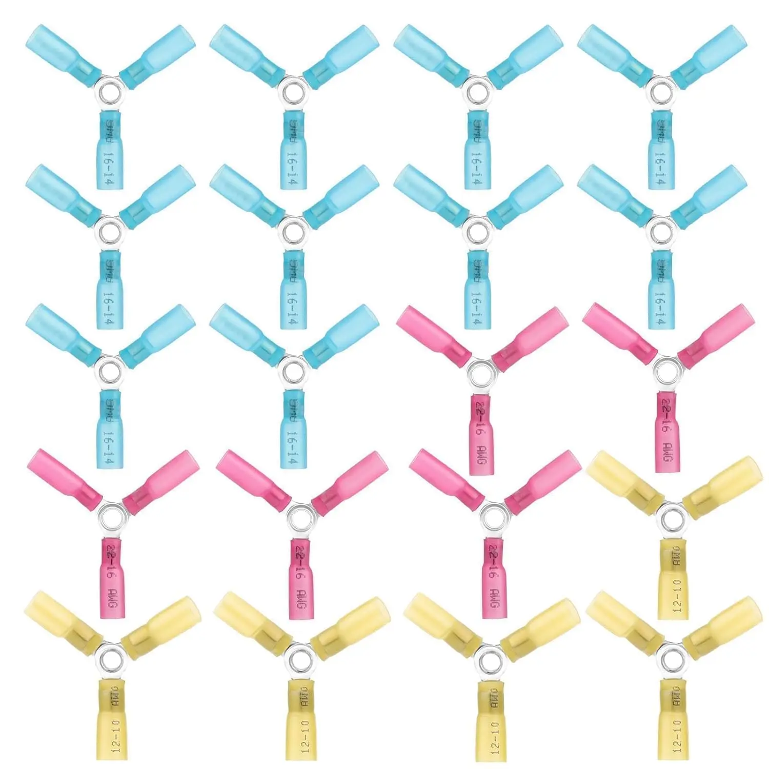 20pcs Crimp Type 3-Way Wire Connectors, 22-10AWG Heat Shrink Y-Ring Butt Terminals, Heavy Duty Waterproof Marine Auto Electrical Connectors (12-10AWG, 16-14AWG, 22-16AWG)