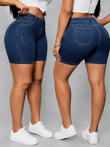 Plus Size High Waist Denim Bermuda Shorts, Stretchy Butt Lifter Belly Concealer, Summer Casual Street Style for Curvy Women