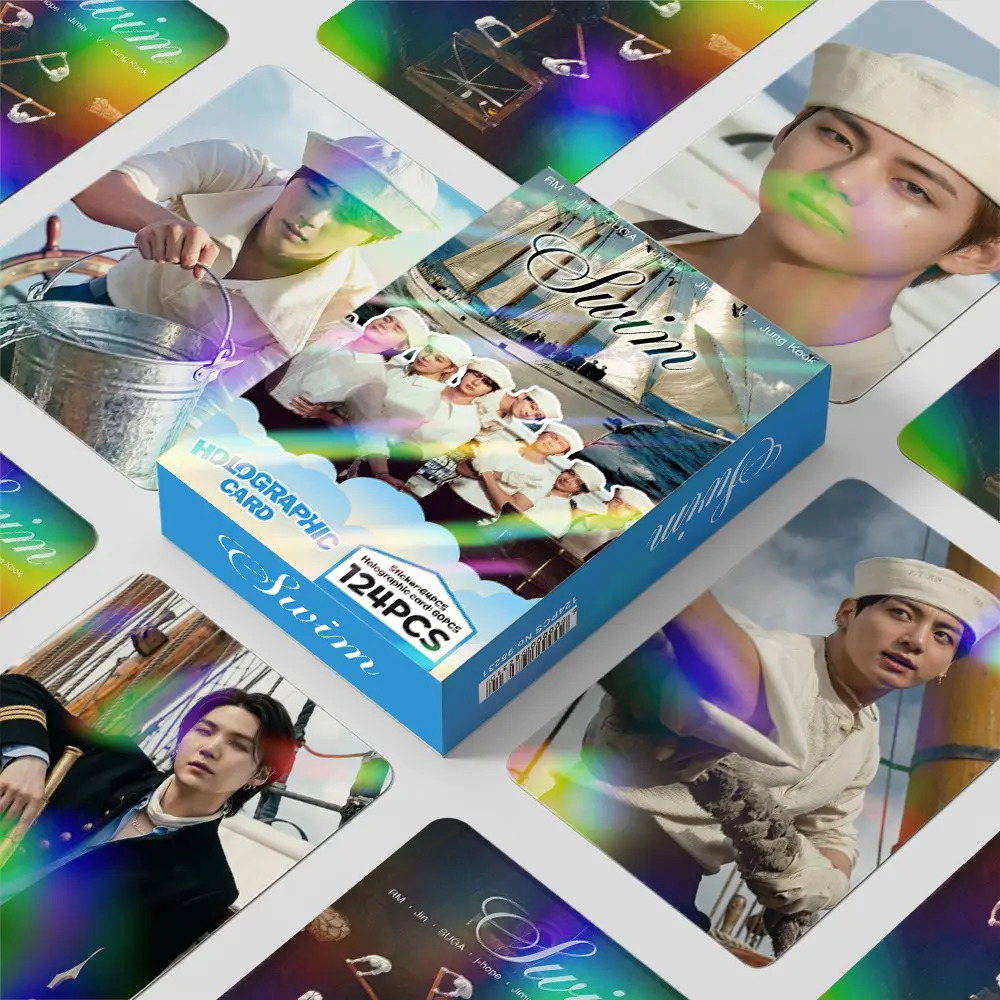 124 Pcs Laser Cards, BT K-pop Boy Group SWIM Style Collectible Photocards, Celebrity Stickers & Holographic LOMO Cards