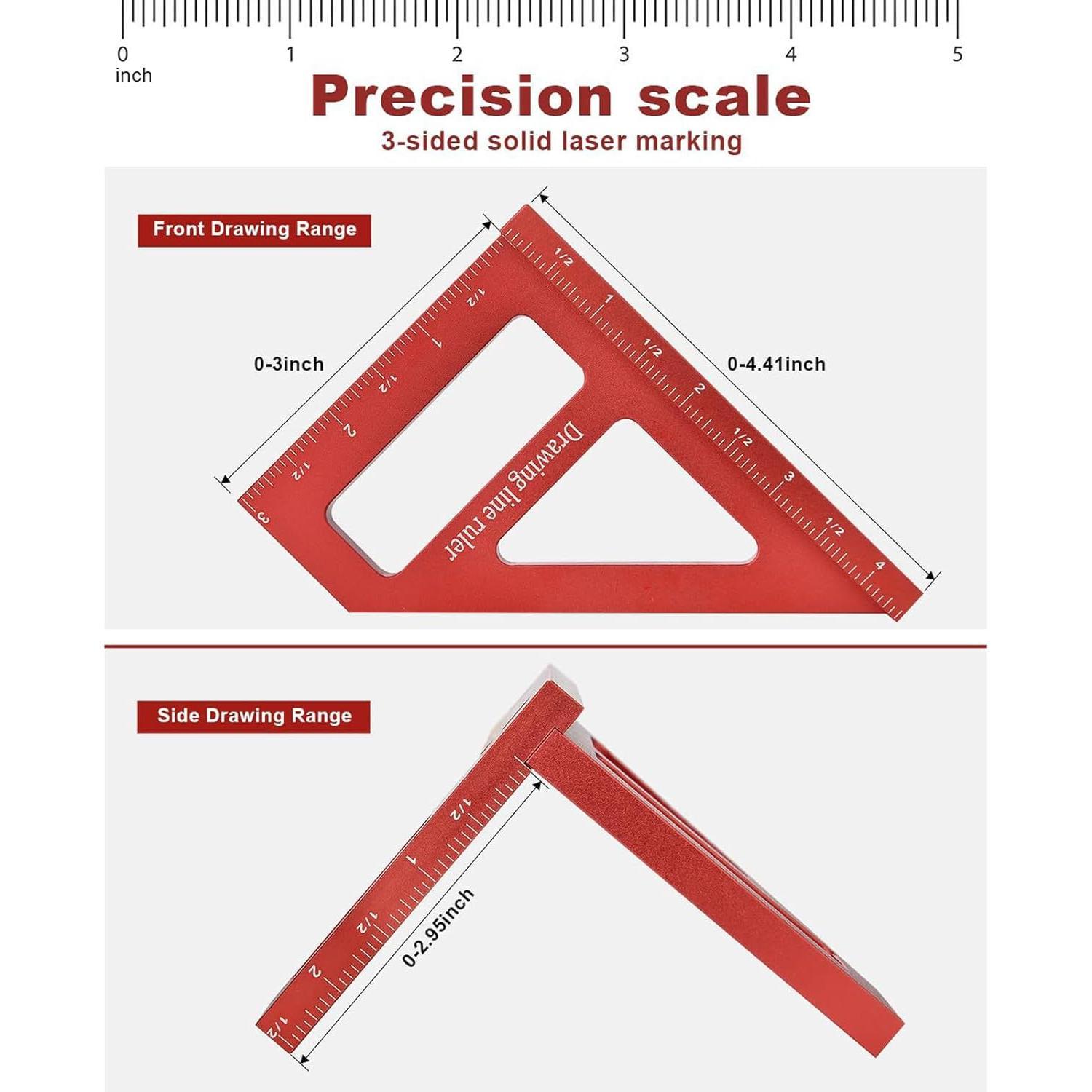 Imperial  Multi-Angle Measuring Ruler,Miter Triangle Ruler Precision Layout Measuring Tool,45/90   Alloy Woodworking Square Protractor for Woodworking (Red)