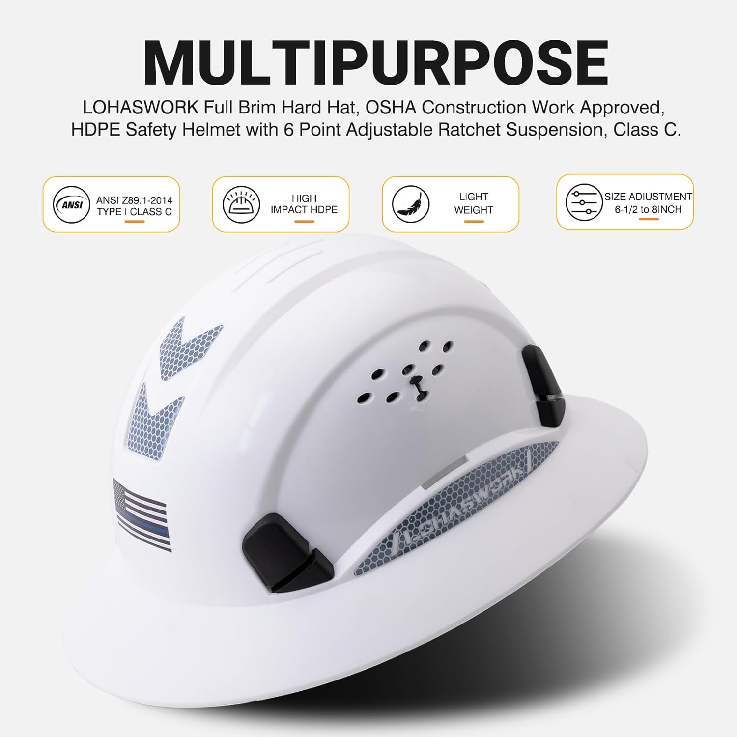 Full Brim Hard Hat Vented Hard Hat Cascos De Construccion Adjustable Cool Vent Work Hard Hat for Men Women with Reflective Stickers