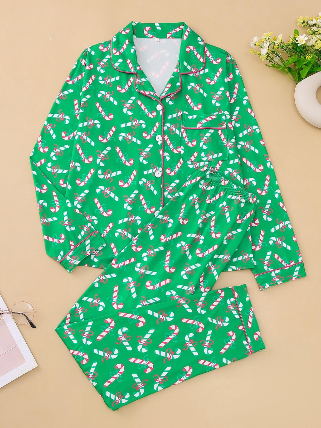 Two-piece Set Women's Christmas Print Button Front Pocket Shirt & Elastic Waist Pants Pyjama, Casual Comfy Long Sleeve Collared Top & Trousers Pyjama Set, Women's Sleepwear Loungewear for Spring & Fall, Pajama Set