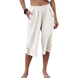 Women's Elastic Waist 3/4 Capri Harem Pants with Pockets Casual Loose Solid Yoga Trousers S-XXL