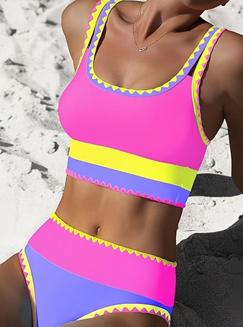 New three-piece bikini swimsuit with a high-waisted design that flattens the tummy, adjustable wide shoulder straps, and a fluorescent color for sporty beachwear, perfect for kayaking.
