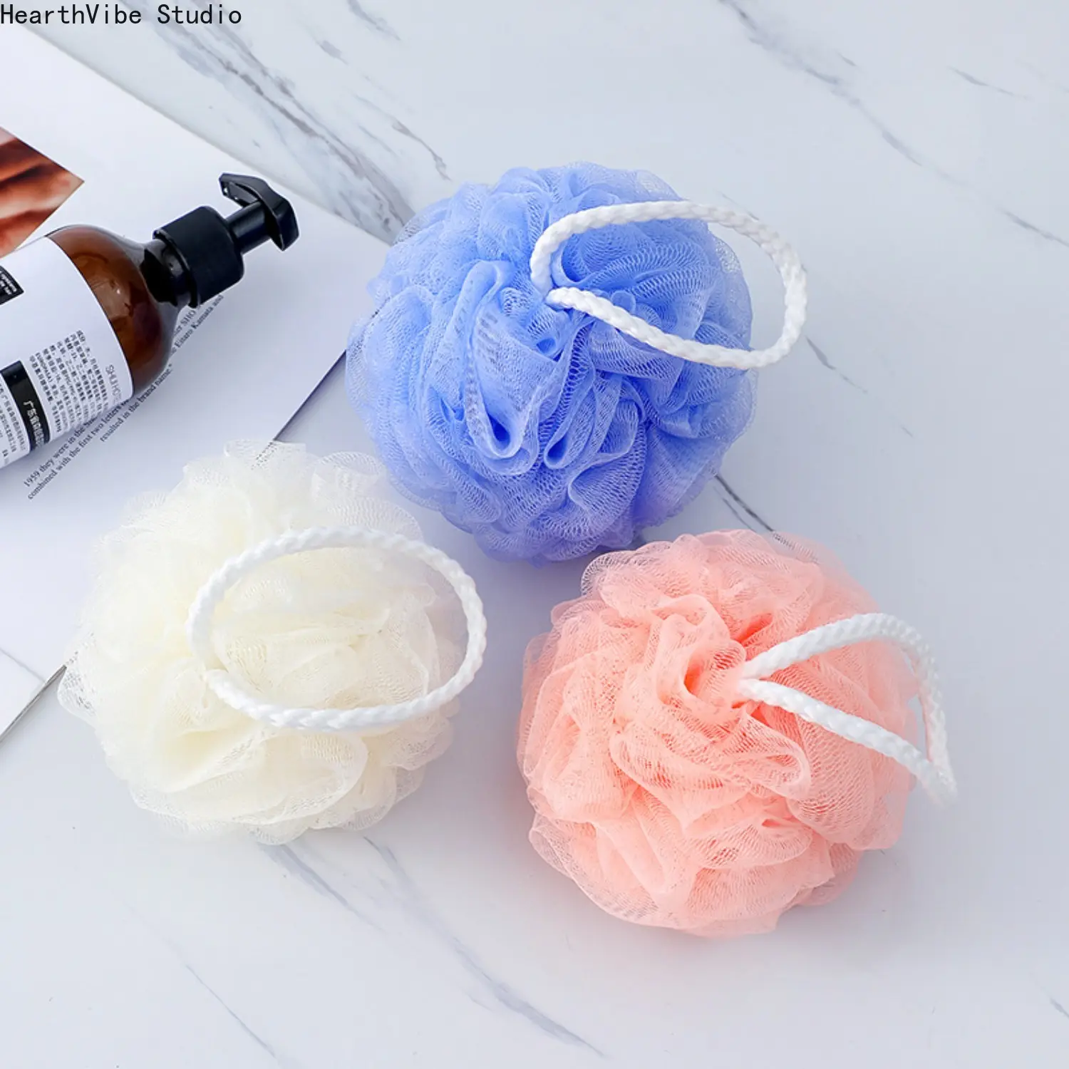 3 Pack Exfoliating Bath Loofah Sponge Soft Mesh Shower Pouf Body Scrubber Ball with Hanging Strap for Men Women Hotel Bathroom