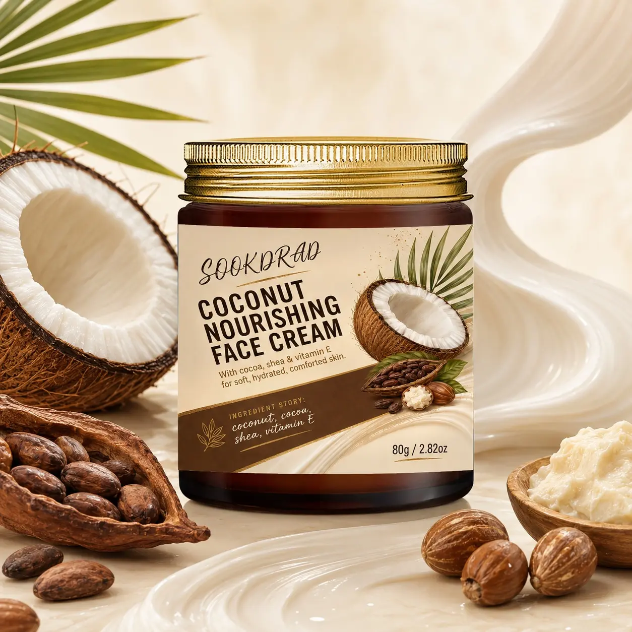 Coconut Nourishing Face Cream, with coconut, cocoa, shea, vitamin E, soft, hydrated, comforted, for face, 80g/2.82oz