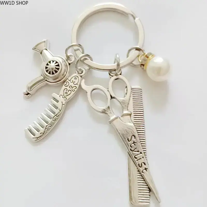 Stylish Alloy Keychain for the Professional Hairstylist, Themed EDC Gear with Grooming Icons and Comb & Scissor Charms, Barbershop, Multi-Charm Keyring