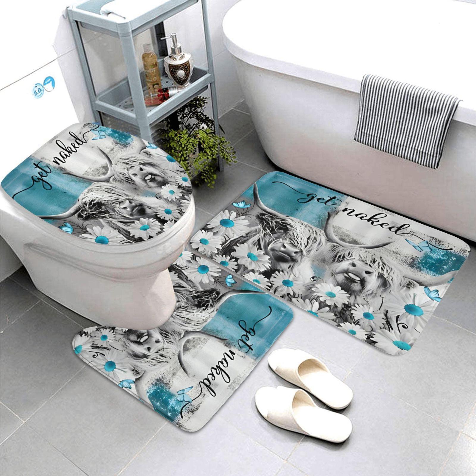 Highland Cow Pattern Bathroom Accessories with Hooks, Including Shower Curtain & Toilet Lid Cover & Bath Mat & U-shaped Mat