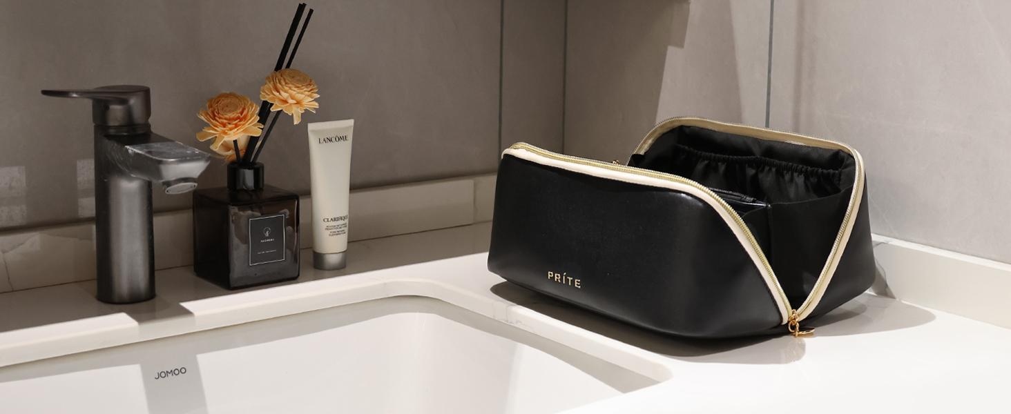 Prite Makeup Bag for Women Travel Waterproof Vegan Leather Cosmetic Bag Open Flat Toiletry Bag With Clear Divider and Handle (Beige)