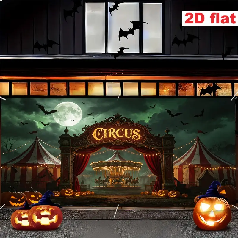 One oversized single-sided Gothic haunted and dark circus banner - Retro Carnival, suitable for Halloween party decoration, garage door hanging, carnival backdrop fabric, polyester fiber material for theme activities, 2D flat design