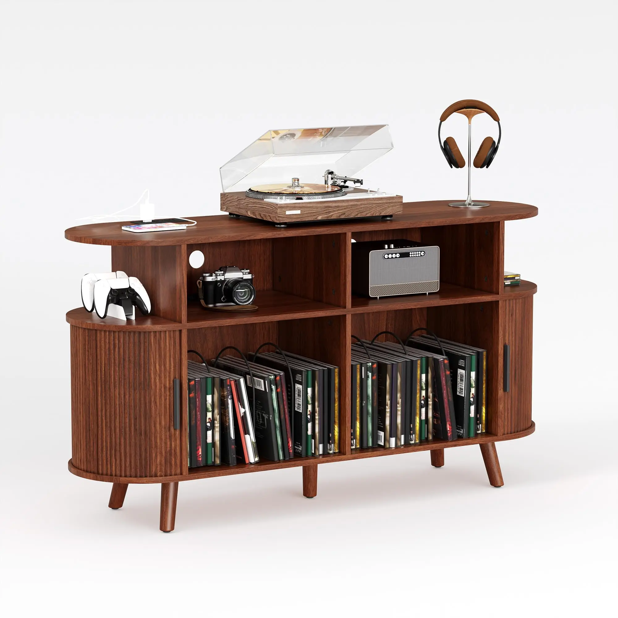 55.1" Mid-Century Modern Record Player Console with USB & Power Outlets, Open Shelves for Vinyl Storage