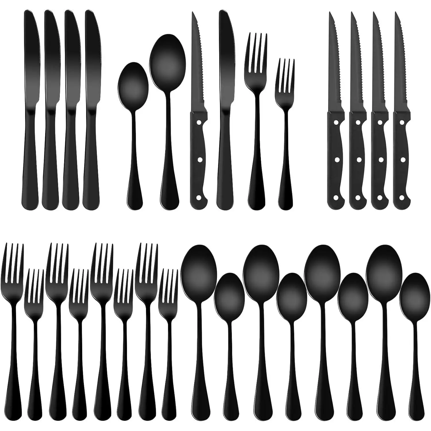 Matte Black 24-Piece BPA-Free Stainless Steel Dinner Utensil Set - Luxe Finish, Durable Cutlery Kit with Elegant Curved Utensils, Heat-Resistant Tableware for Home Use, Ideal Christmas Gift for Families
