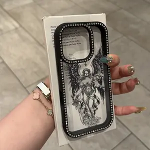 Vintage Winged Lady Justice Print for iPhone Case Compatible with iPhone 17/16/15/14/13/12 Pro Max, Edgy Grunge Y2K Aesthetic Case Double Sides Inlaid Rhinestones & Ultra Clear Back Plate Clear Anti-Scratch Phone Cover