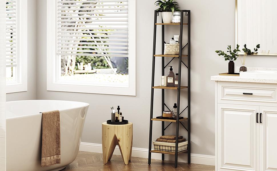 Ladder Shelf, Bookshelf Bookcase, Freestanding Corner Storage Shelve with 2 Hooks for Home Office, Living Room, Kitchen, Bedroom, Industrial, 11.8" D x 13.4" W x 63" H, Rustic Brown Ladder Shelf, Bookshelf Bookcase, Freestanding Corner Storage Shelve with 2 Hooks for Home Office, Living Room, Kitchen, Bedroom, Industrial, 11.8" D x 13.4" W x 63" H, Rustic Brown