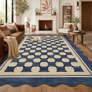 Scalloped Checkered Area Rug Non Slip Low Pile Washable Indoor Outdoor for Living Room Patio Bedroom Porch Backyard