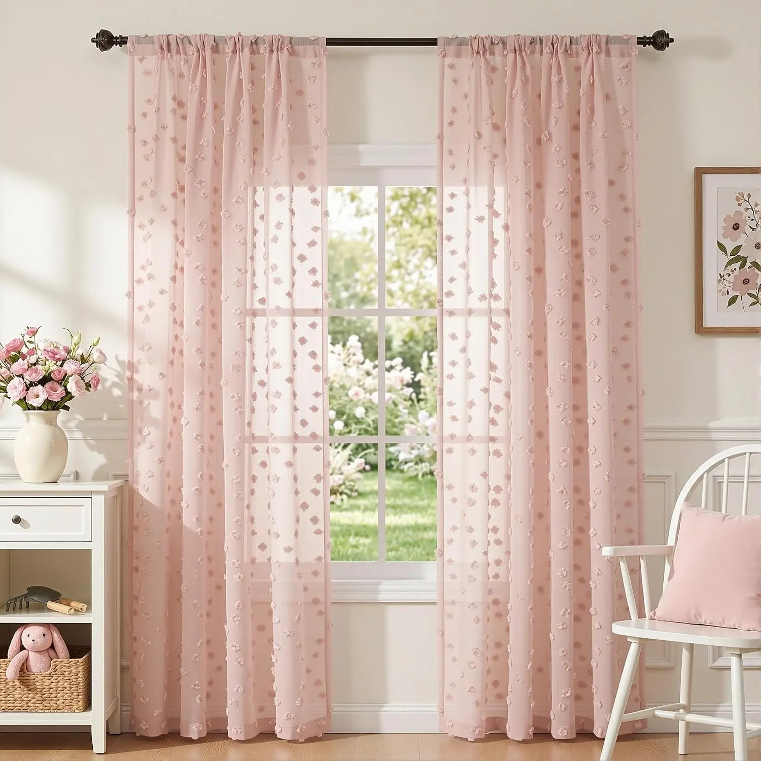 Pom Pom Pink Sheer Curtains for Bedroom Girls Room Dusty Rose Curtains 72 Inches Long for Nursery Kids Light Filtering Boho Window Drapes, Rod Pocket, 38" Wide, 2 Panels