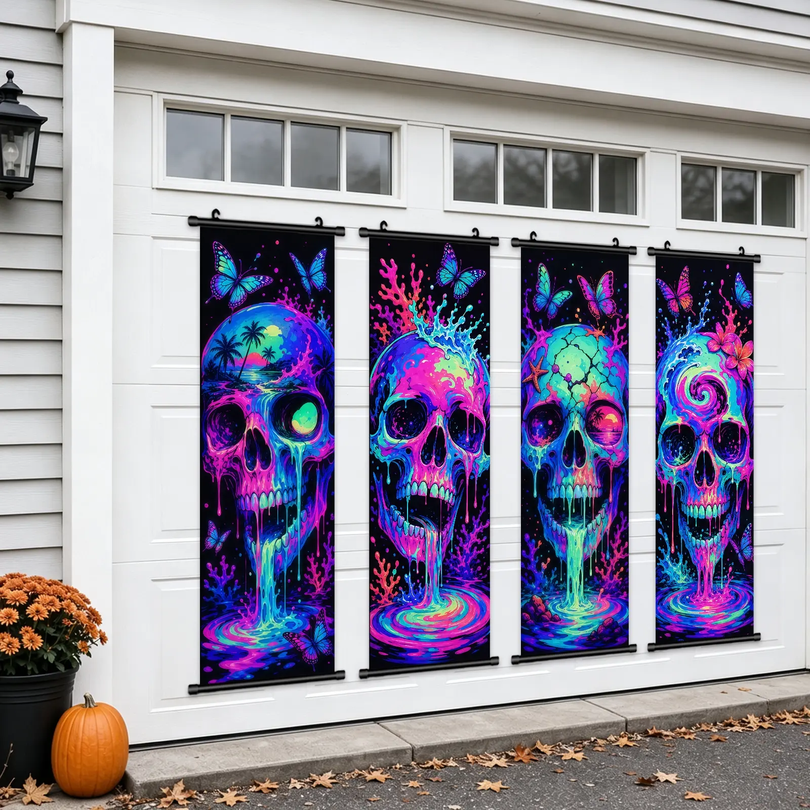 Halloween Decorations Large 4Pcs Tropical Neon Skull Portraits Vintage Vinyl Backdrop Decor Outdoor Horror Poster For Indoor Holiday Home Wall Art Wallpaper Hanging Porch Sign Banner Party Wall Decor High Quality Waterproof Painting Hd Artwork
