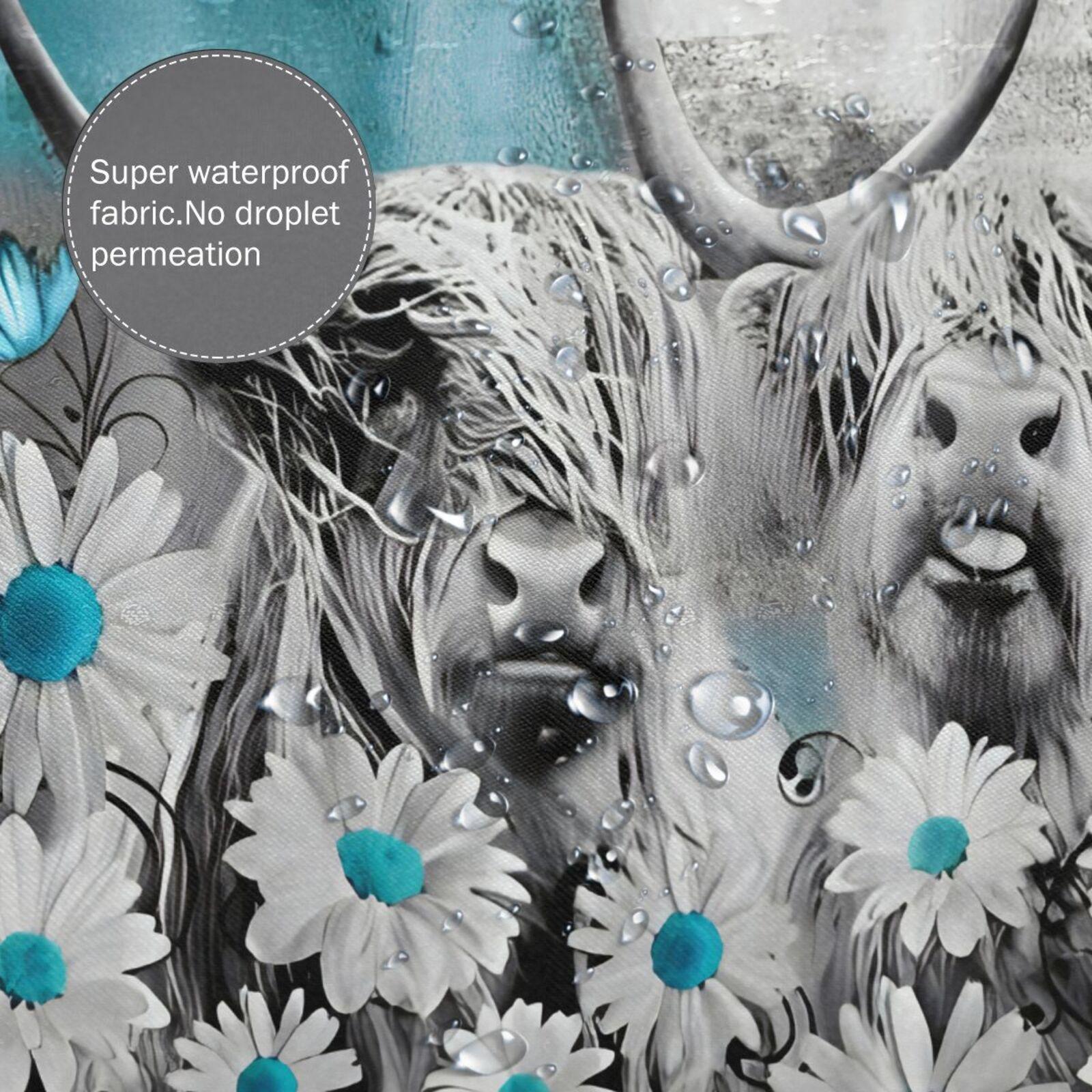 Highland Cow Pattern Bathroom Accessories with Hooks, Including Shower Curtain & Toilet Lid Cover & Bath Mat & U-shaped Mat