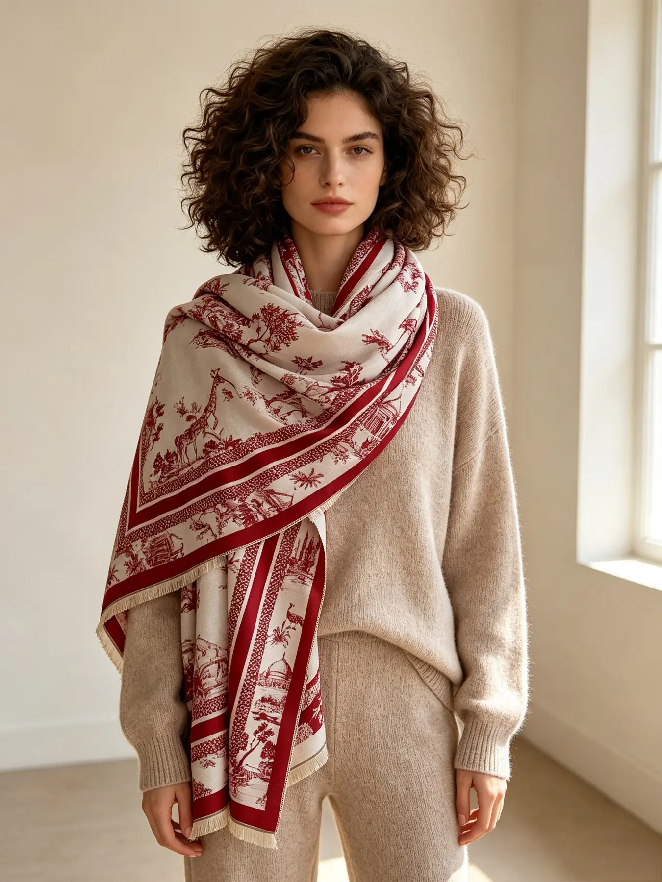 Burgundy Toile De Jouy Landscape Print Long Scarf, 185x65cm Buttery Soft Imitation Cashmere, Reversible Tassel Shawl for Women, Fall Winter Accessory