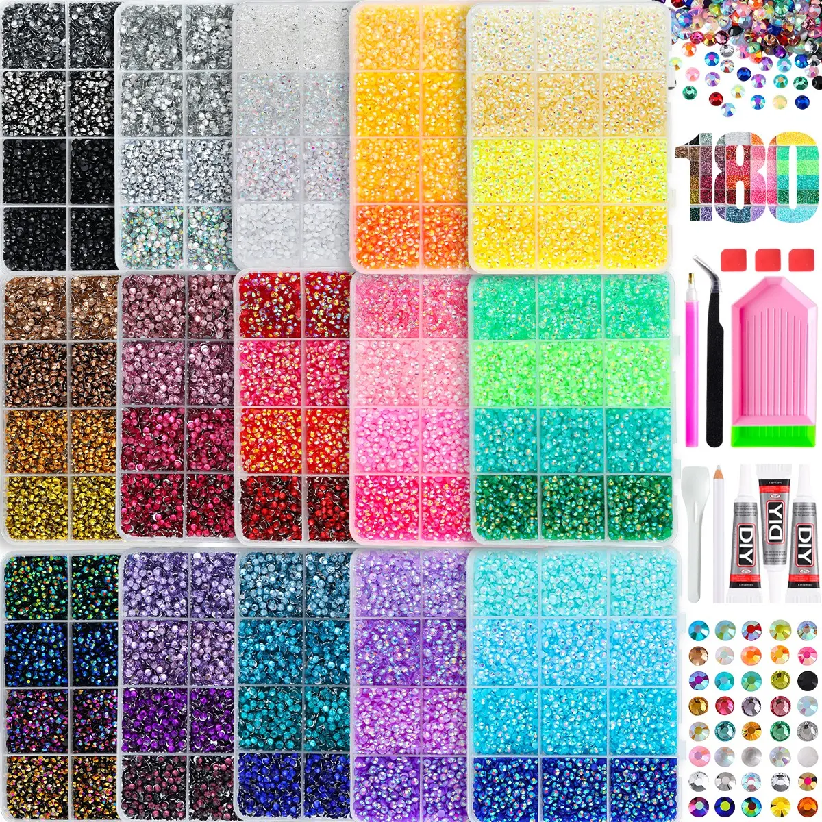 Sparkling dazzling 180-grid resin rhinestone set comes with complete matching tools and 15 boxes of rhinestones in total. It is an essential home supply for all DIY craft lovers.ultimate creative gift for her,graduation gift,class of 2026，summer wins