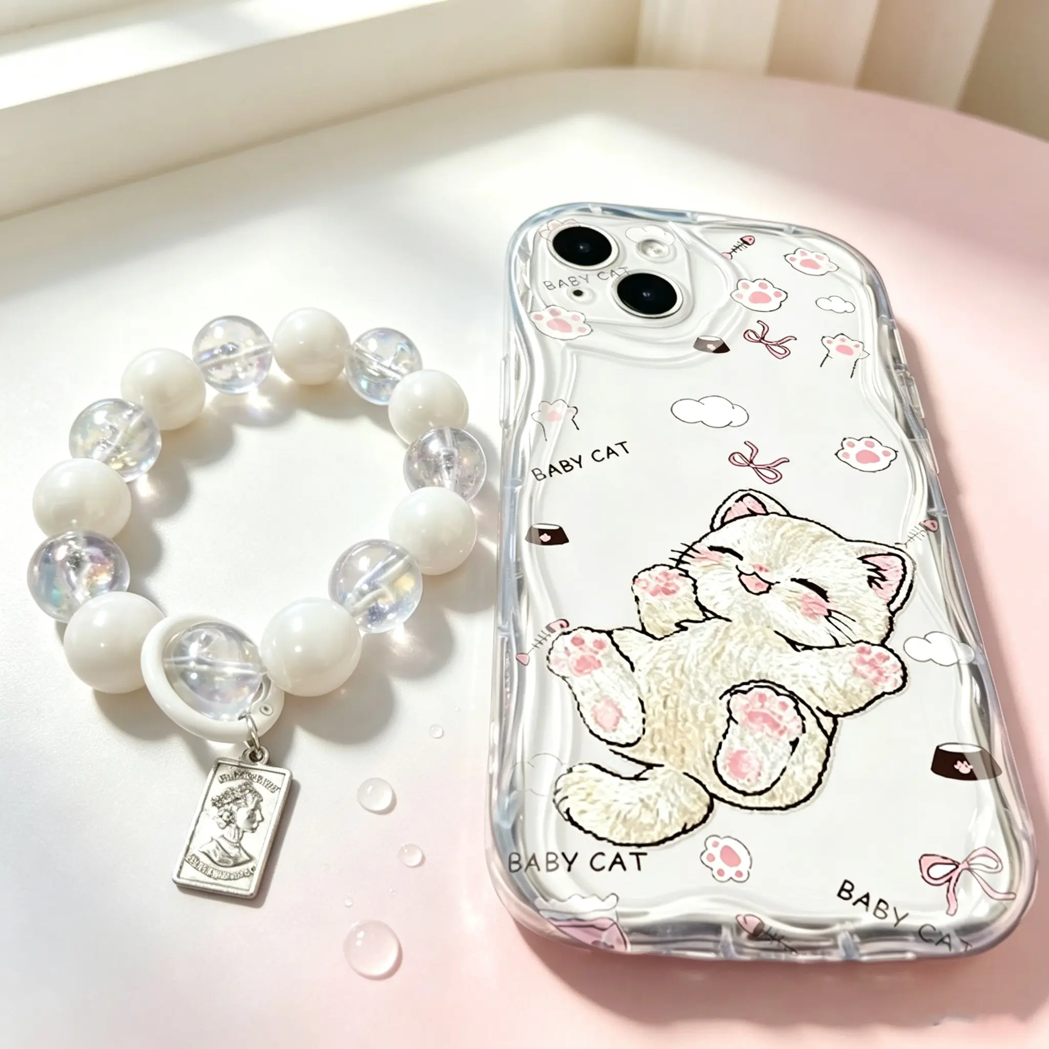 Cute Cartoon Kitten Phone Case With Bead Chain Bracelet For iPhone SE 2020 7 8 7 8 Plus X XS XR 11 11Pro 11ProMax 12 12Pro 12ProMax 13 13Pro 13ProMax 14 14Plus 14Pro 14ProMax 15 15Plus 15Pro 15ProMax 16 16Plus 16Pro 16ProMax 16E 17 17E 17ProMax
