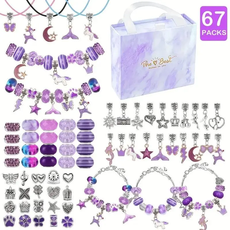 67 Piece DIY Bead Jewelry Kit for Girls, Birthday Gift for Ages 6-10, Portable Jewelry Box, Handmade Bracelets and Necklaces, Beading Kits