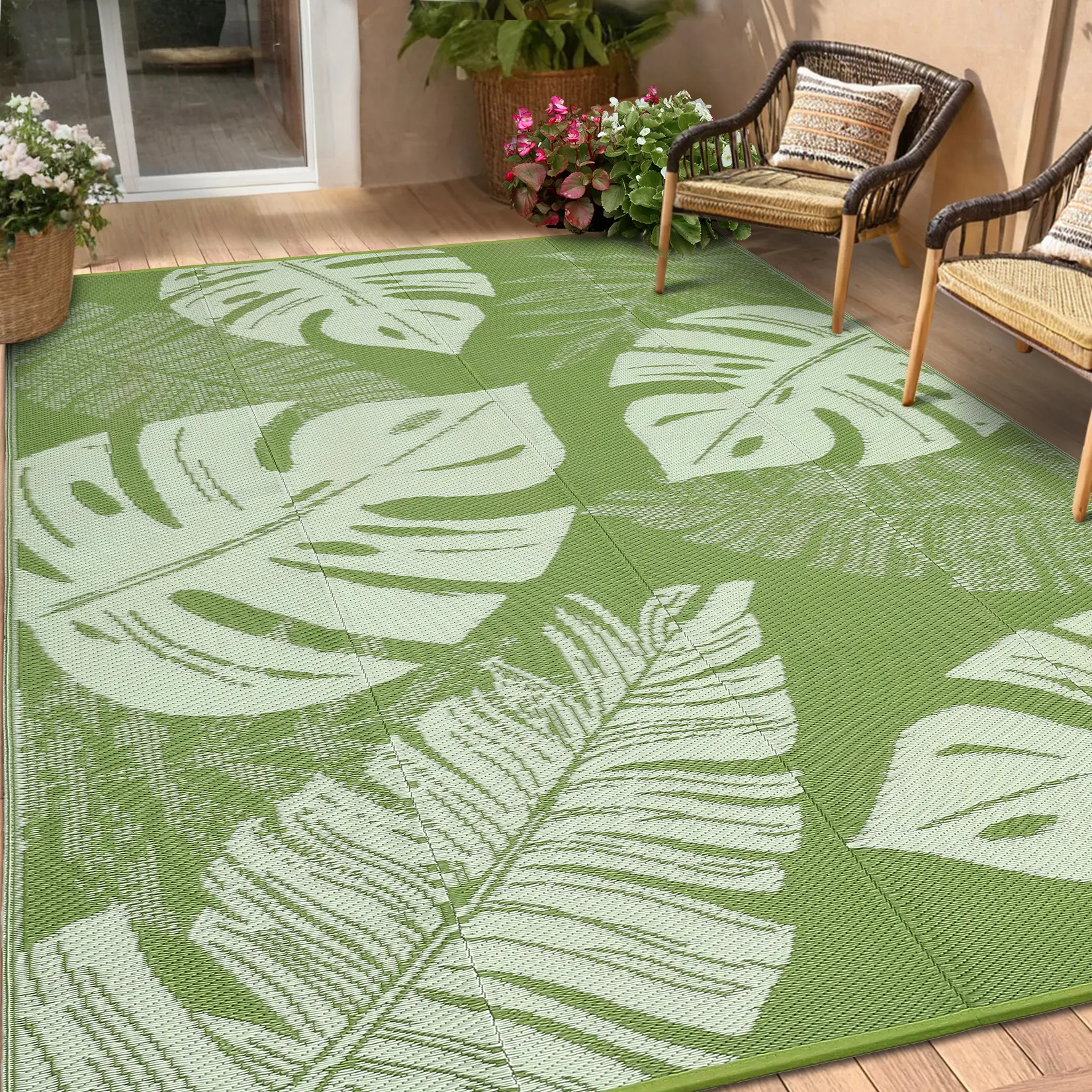 Waterproof Reversible Outdoor Rug – Durable Plastic Straw Mat for Patio, Deck, RV, Camping – Collapsible, Non-Shedding, Easy to Clean, Modern Leaf or Stripe Design – Indoor/Outdoor Use