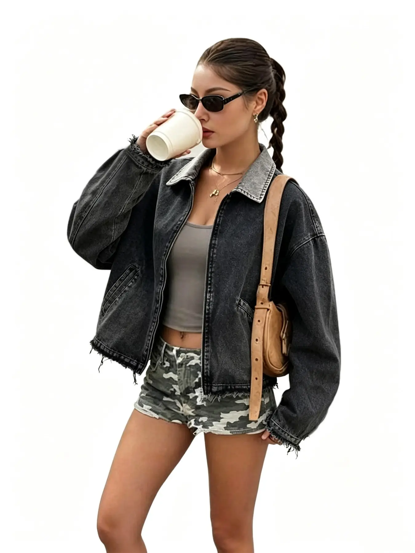 Women's Fall Winter 100% Cotton Zipper Jacket, Vintage Minimalist Short Top, Distressed Design, Fashion Outerwear, Casual Daily Wear