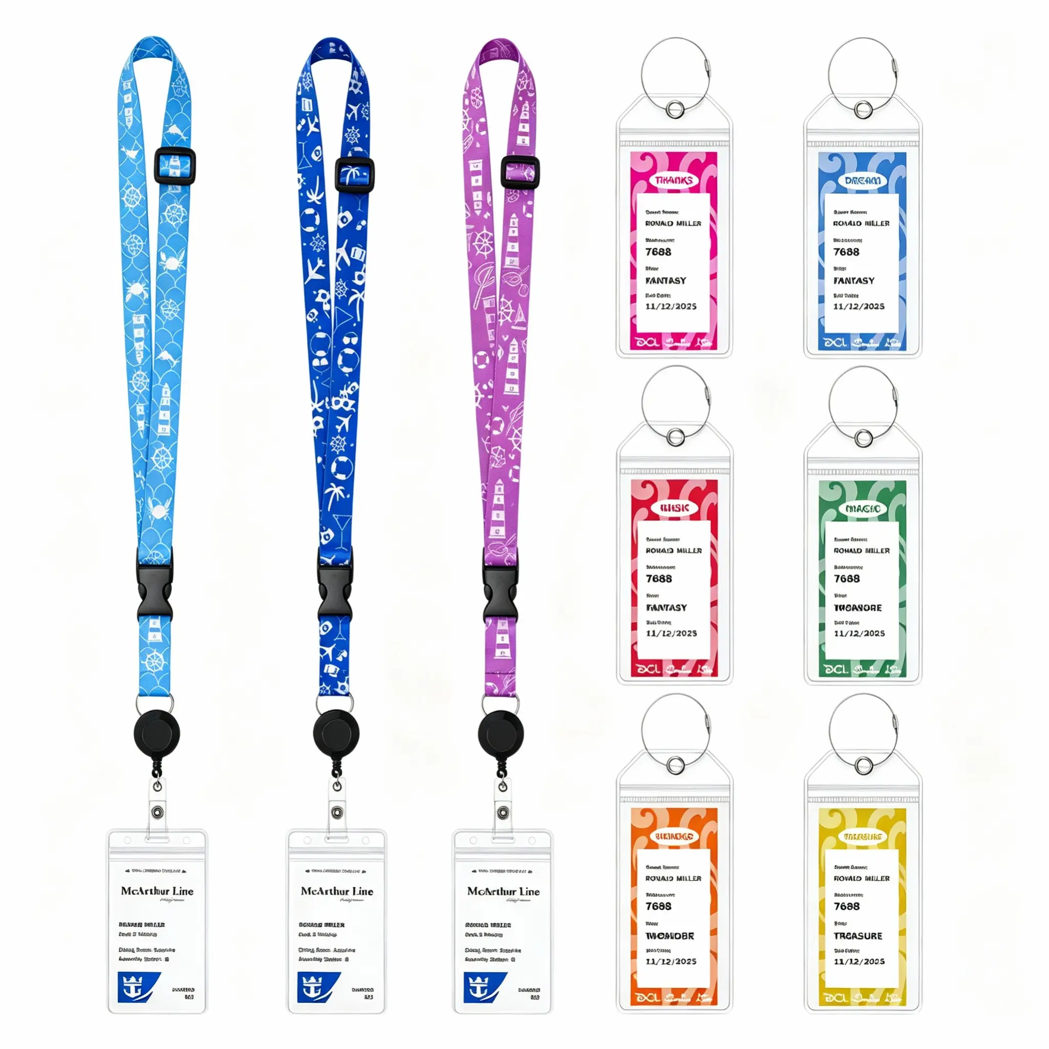 Cruise Lanyards 9PCS Retractable Cruise Lanyard for Cruise Ship Cards, Royal Caribbean & Celebrity Waterproof Luggage Tag Holders Set for with Detachable Badge Holder for ID Cards