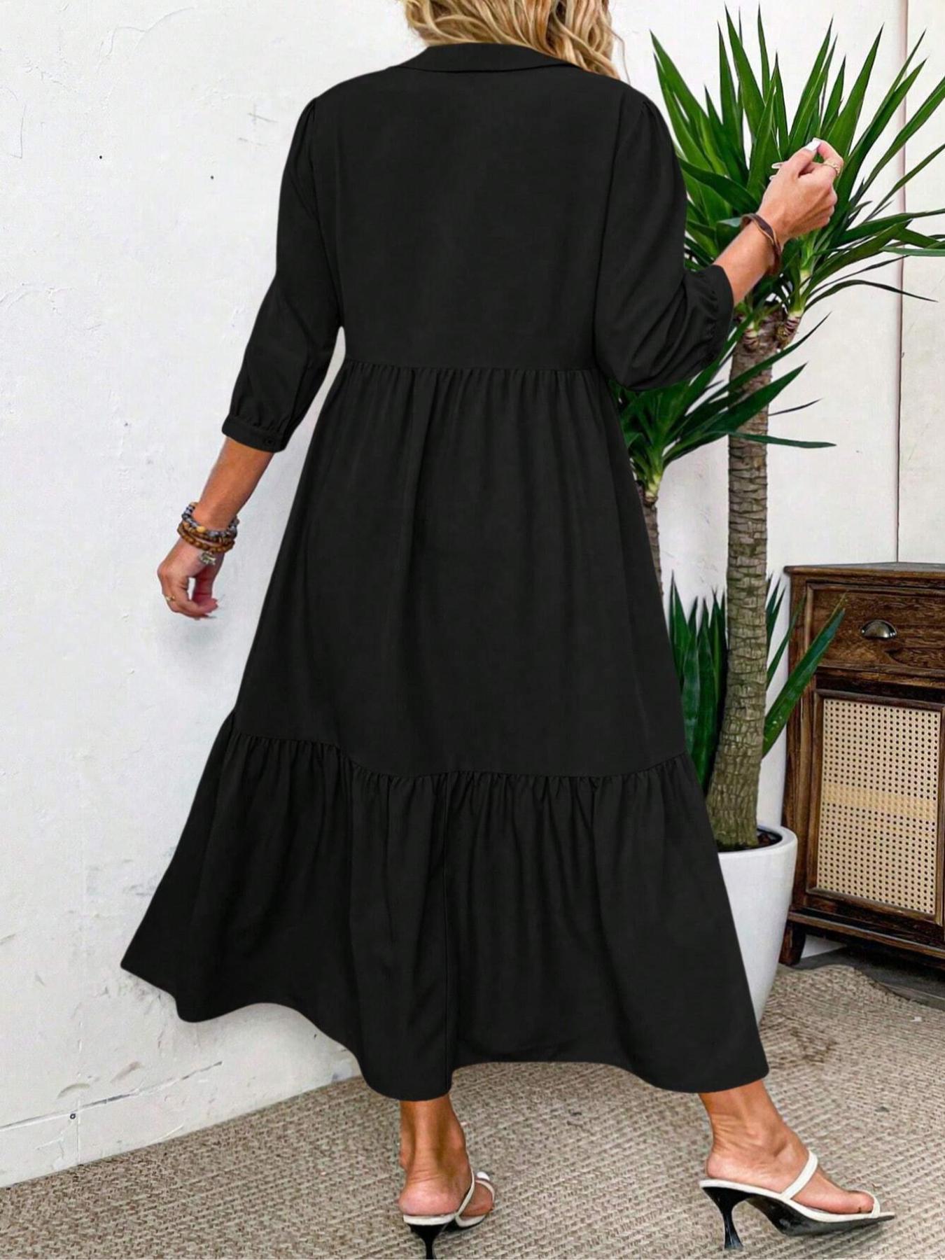 LUNE Plus Size Casual Dress with Mid-Length Sleeves, Front Pleated Button Detail, Fashionable Everyday Wear for Women