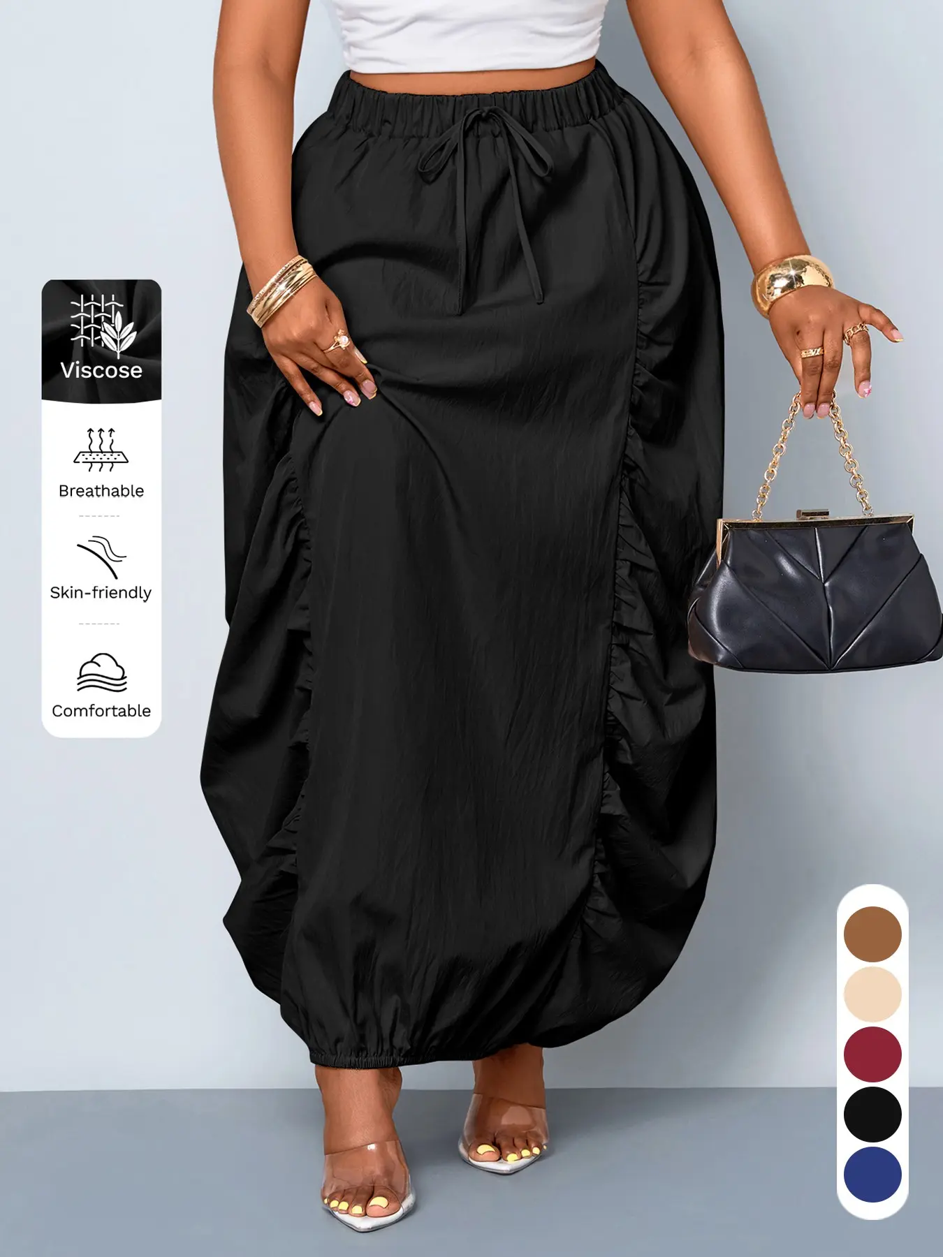 Plus Size Elegant Solid Color High-Waist Long Skirt, Loose-Fitting Drawstring Closure, Casual All-Season Women's Fashion, Perfect for Daily Wear
