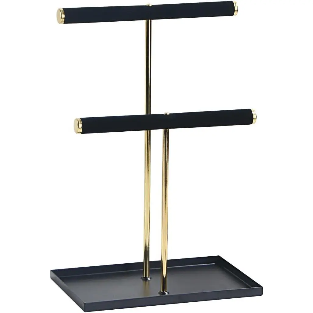 2 Tier Necklace Bracelet Holder Stand, Multi-Use  Display Organizer with Metal Tray,  T-Bar Metal Necklace Organizer Stand,  Hanger Tower Rack for Men Women (Black 12" Tall)