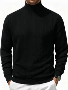 Men's Solid Color Textured Knit Half-Neck Top, Vertical Stripe Long Sleeve Pullover, Soft Stretch Lightweight Baselayer, Sporty Casual Daily Wear，Multiple Colors Available.